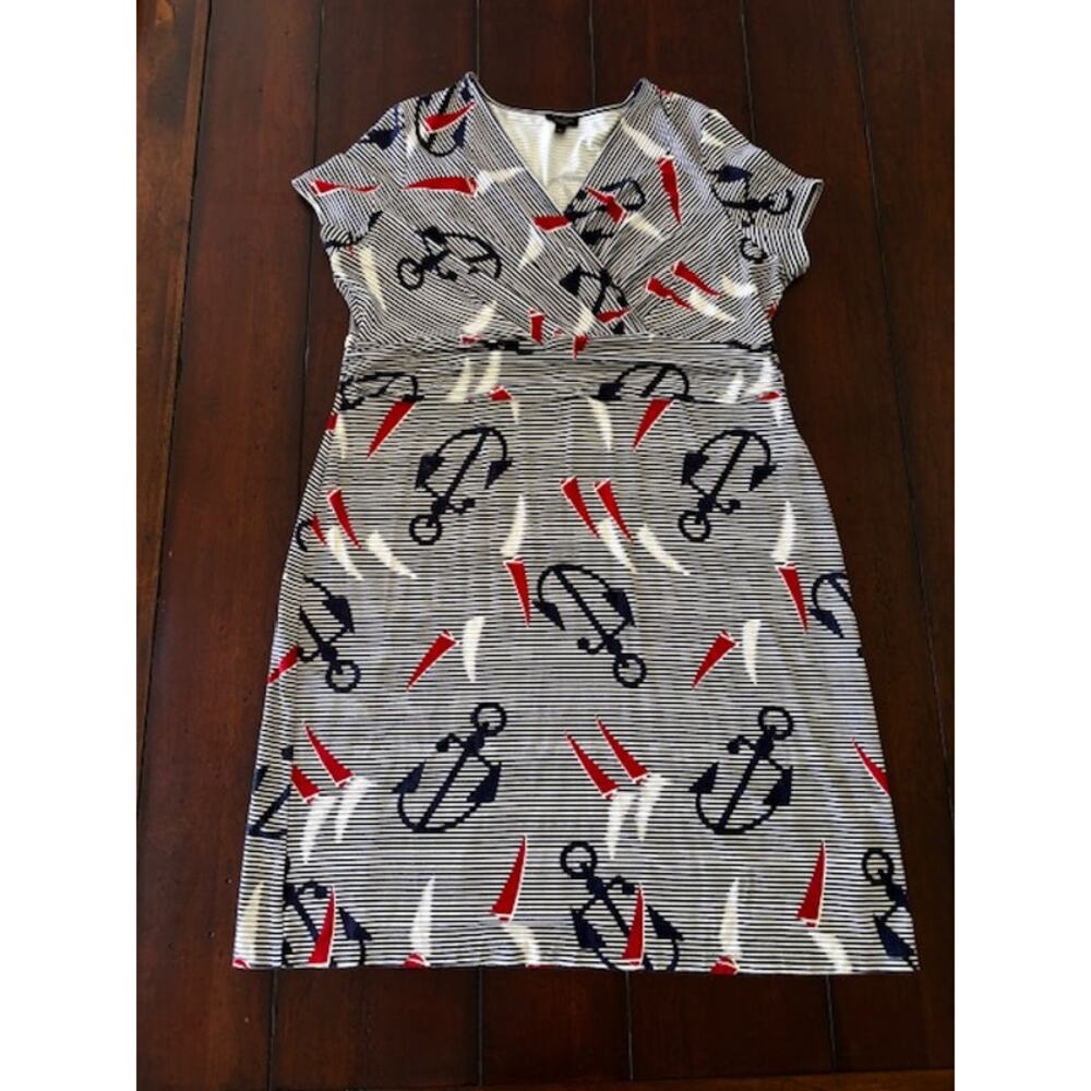 Talbots Petite 1X Nautical Dress Anchor Stripe Faux Wrap V-Neck Knit Knee Length